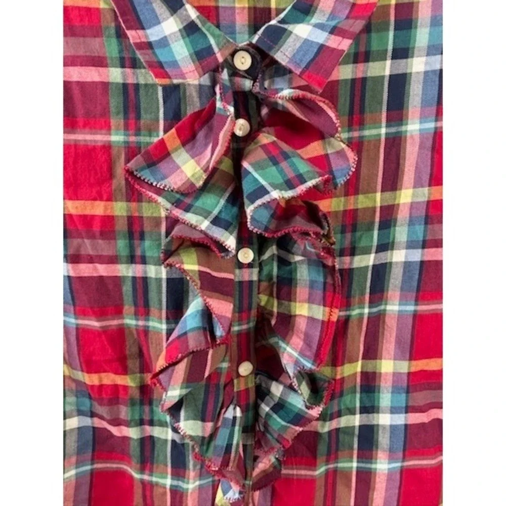 Ralph Lauren Girl's Plaid Blouse Size 16 Multicolor Ruffle Front Long Sleeve‎